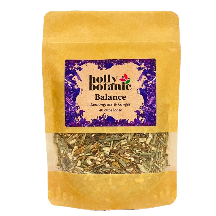 Balance tisane by Holly Botanic, lemongrass and ginger for stress and fatigue, 40 cup loose. Recyclable packaging.