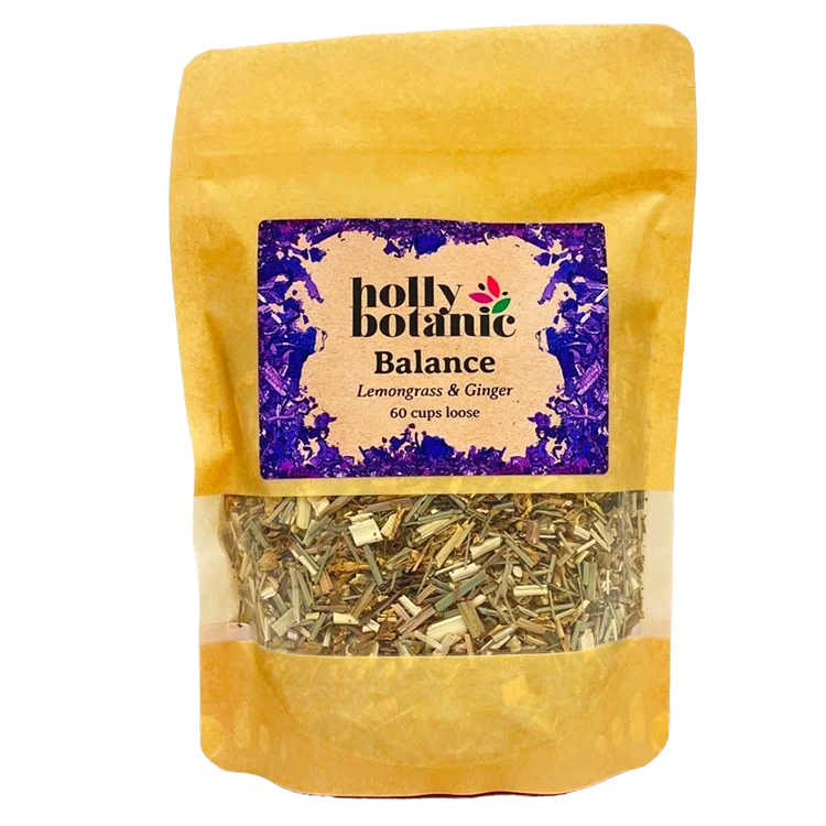 Balance tisane by Holly Botanic, lemongrass and ginger for stress and fatigue, 60 cup loose. Recyclable packaging.