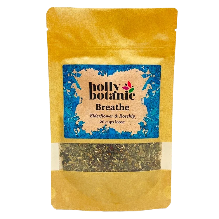 Breathe tisane by Holly Botanic, elderflower and rosehip for sinus congestion, 20 cup loose. Recyclable packaging.
