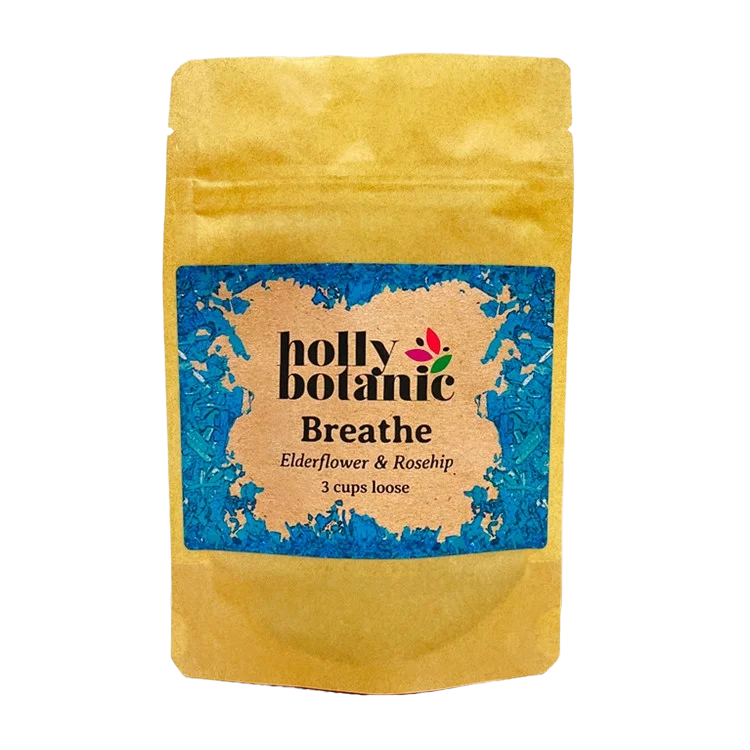 Breathe tisane by Holly Botanic, elderflower and rosehip for sinus congestion, 3 cup loose. Recyclable packaging.