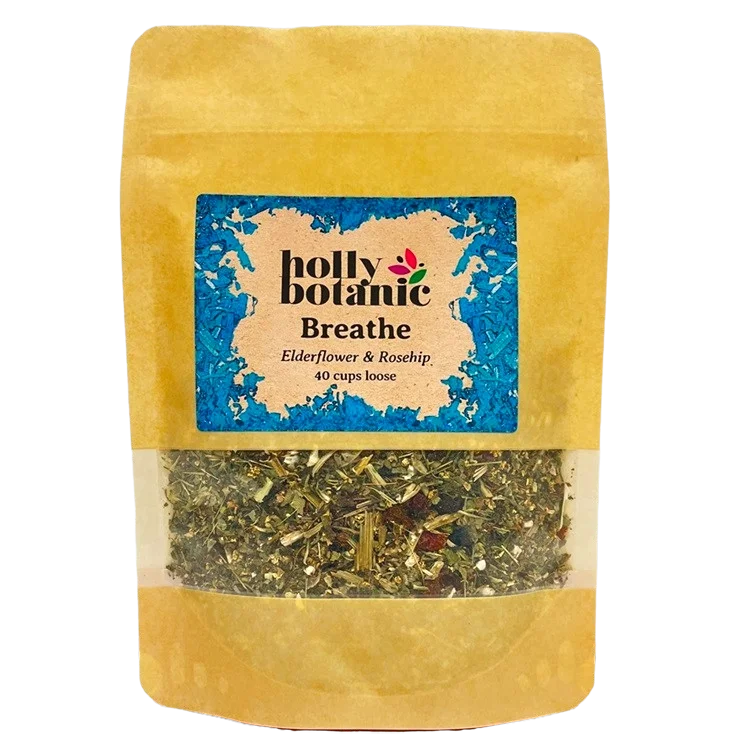 Breathe tisane by Holly Botanic, elderflower and rosehip for sinus congestion, 40 cup loose. Recyclable packaging.