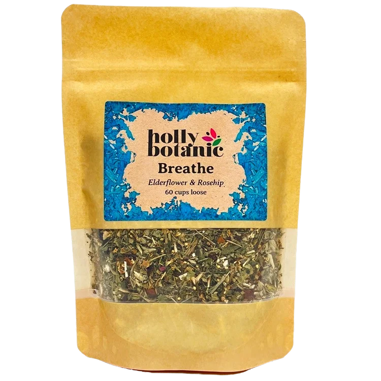 Breathe tisane by Holly Botanic, elderflower and rosehip for sinus congestion, 60 cup loose. Recyclable packaging.