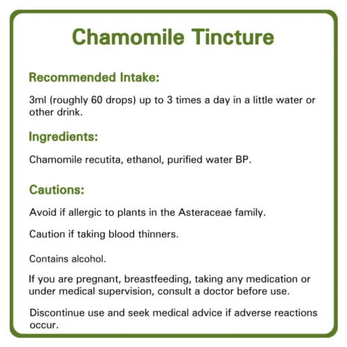 Chamomile tincture detailed information. Recommended intake, ingredients and cautions.
