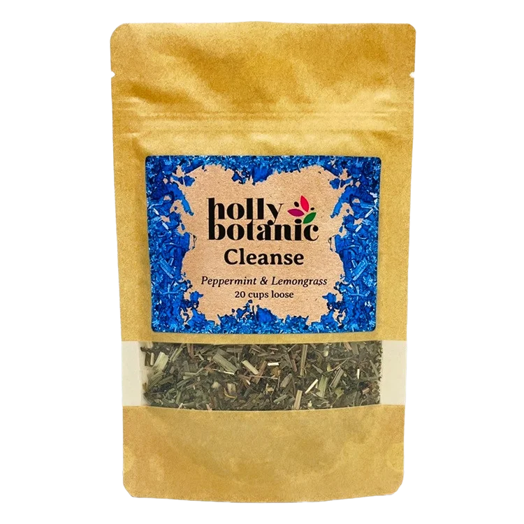 Cleanse tisane by Holly Botanic, peppermint and lemongrass to detox and refresh, 20 cup loose. Recyclable packaging.