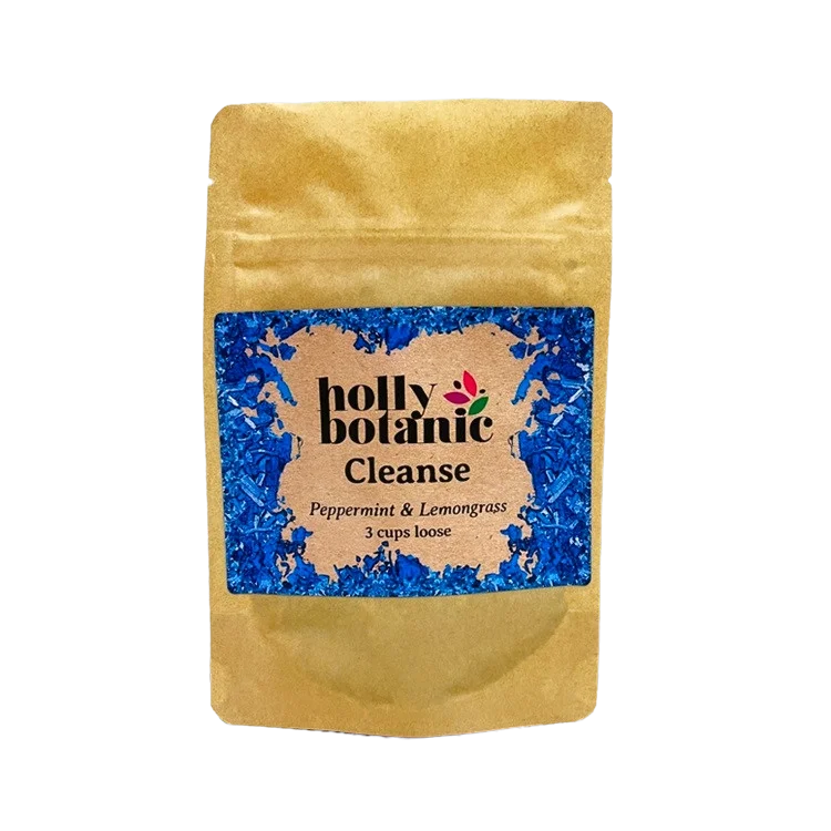 Cleanse tisane by Holly Botanic, peppermint and lemongrass to detox and refresh, 3 cup loose. Recyclable packaging.