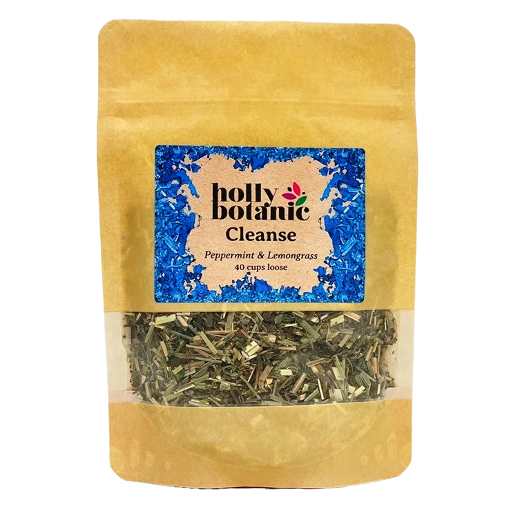 Cleanse tisane by Holly Botanic, peppermint and lemongrass to detox and refresh, 40 cup loose. Recyclable packaging.