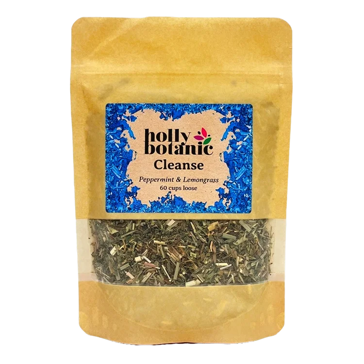 Cleanse tisane by Holly Botanic, peppermint and lemongrass to detox and refresh, 60 cup loose. Recyclable packaging.