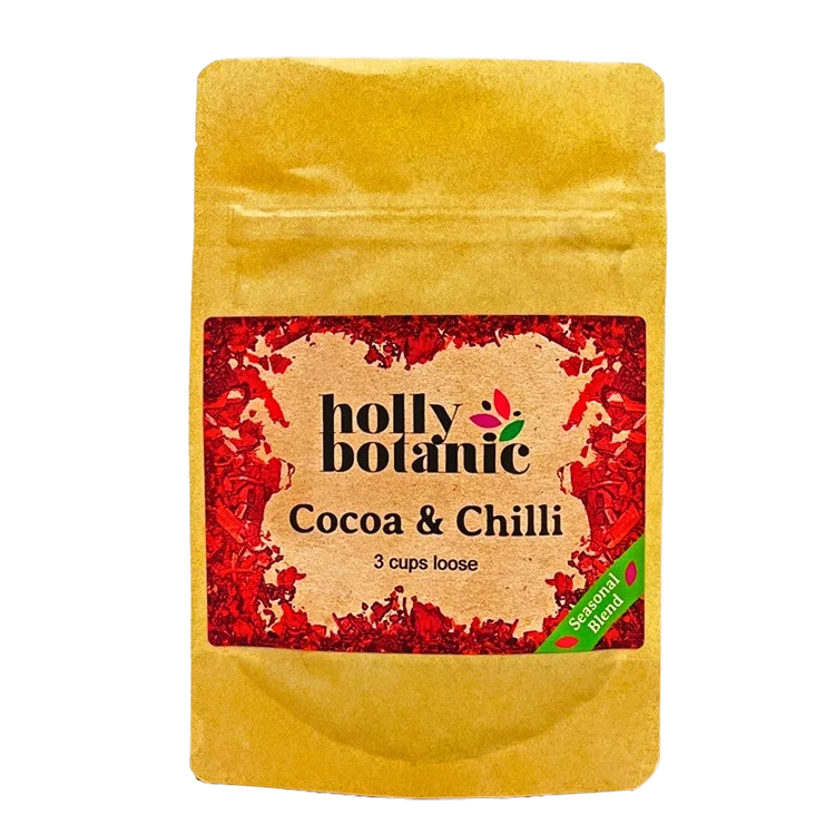 Cocoa & Chilli tisane by Holly Botanic. 3 cup loose, seasonal blend tisane. Recyclable packaging.