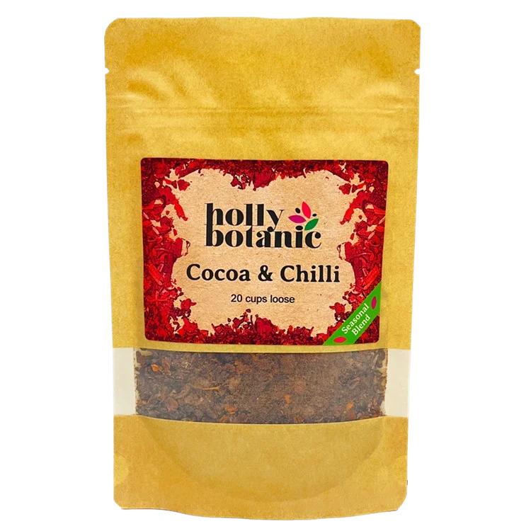 Cocoa & Chilli tisane by Holly Botanic. 20 cup loose, seasonal blend tisane. Recyclable packaging.