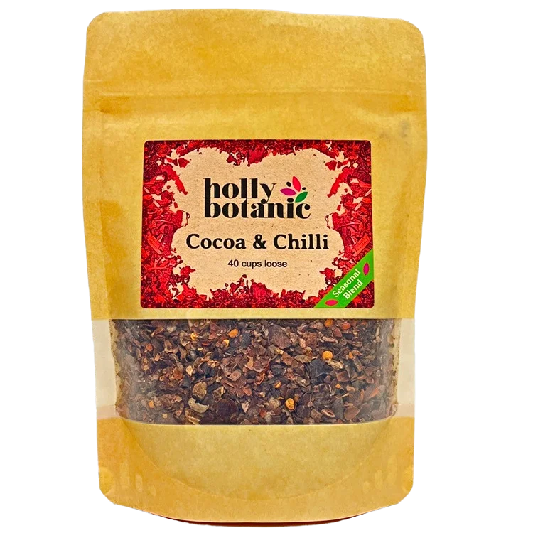 Cocoa & Chilli tisane by Holly Botanic. 40 cup loose, seasonal blend tisane. Recyclable packaging.