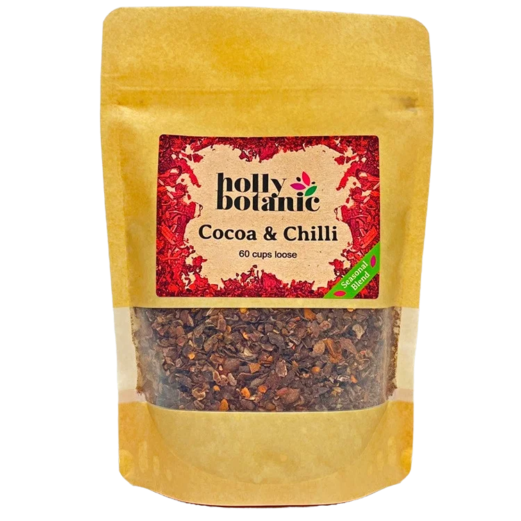 Cocoa & Chilli tisane by Holly Botanic. 60 cup loose, seasonal blend tisane. Recyclable packaging.