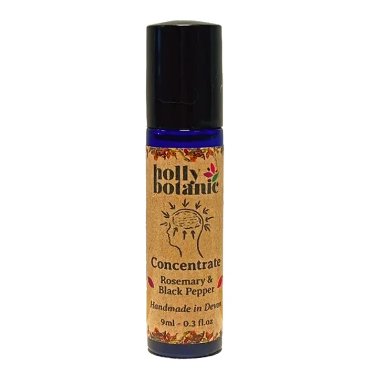 Concentration pulse point oil by Holly Botanic. Essential oils blended with sunflower oil to improve focus, concentration and memory.