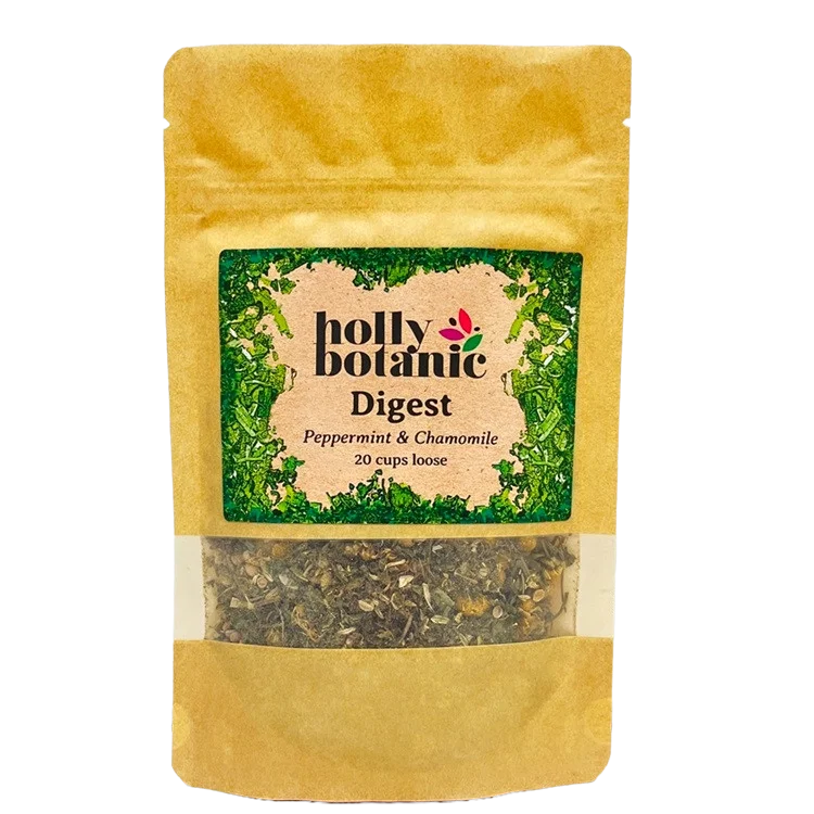 Digest tisane by Holly Botanic, peppermint and chamomile for comfortable digestion, 20 cup loose. Recyclable packaging.