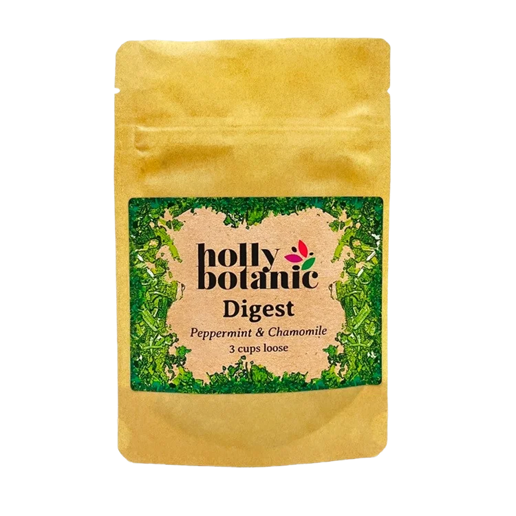 Digest tisane by Holly Botanic, peppermint and chamomile for comfortable digestion, 3 cup loose. Recyclable packaging.