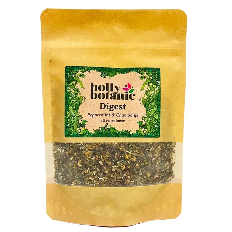 Digest tisane by Holly Botanic, peppermint and chamomile for comfortable digestion, 40 cup loose. Recyclable packaging.