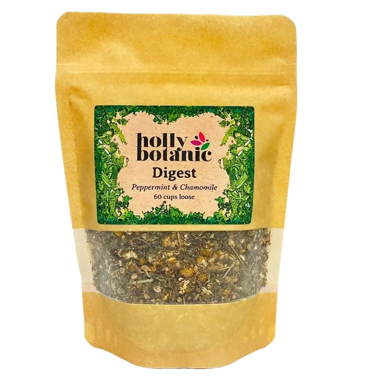 Digest tisane by Holly Botanic, peppermint and chamomile for comfortable digestion, 60 cup loose. Recyclable packaging.