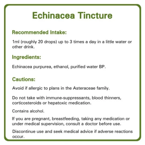 Echinacea tincture detailed information. Recommended intake, ingredients and cautions.