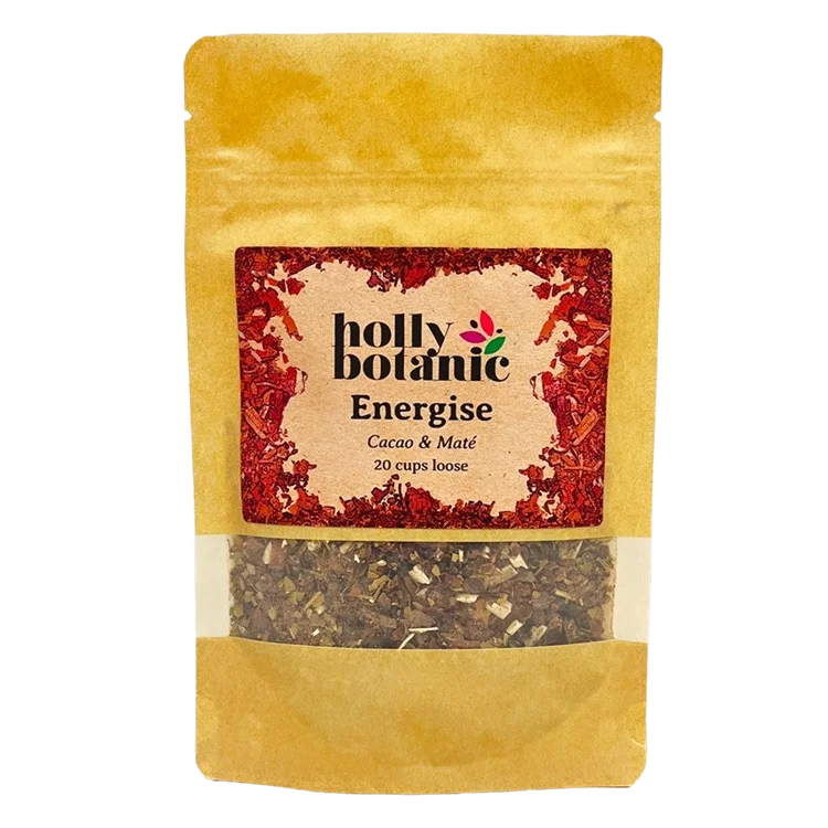 Energise tisane by Holly Botanic, cacao and mate, a coffee-alternative herbal tisane, 20 cup loose. Recyclable packaging.