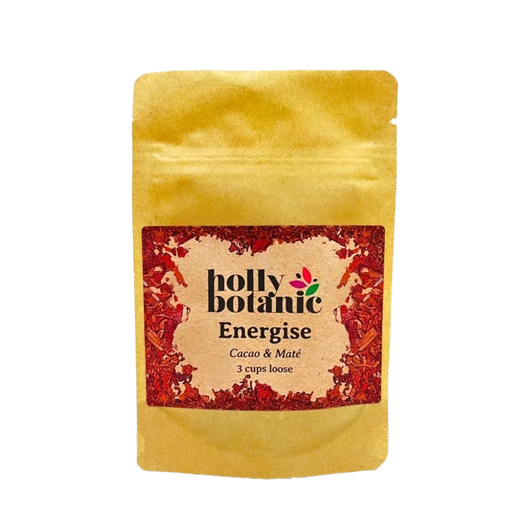 Energise tisane by Holly Botanic, cacao and mate, a coffee-alternative herbal tisane, 3 cup loose. Recyclable packaging.