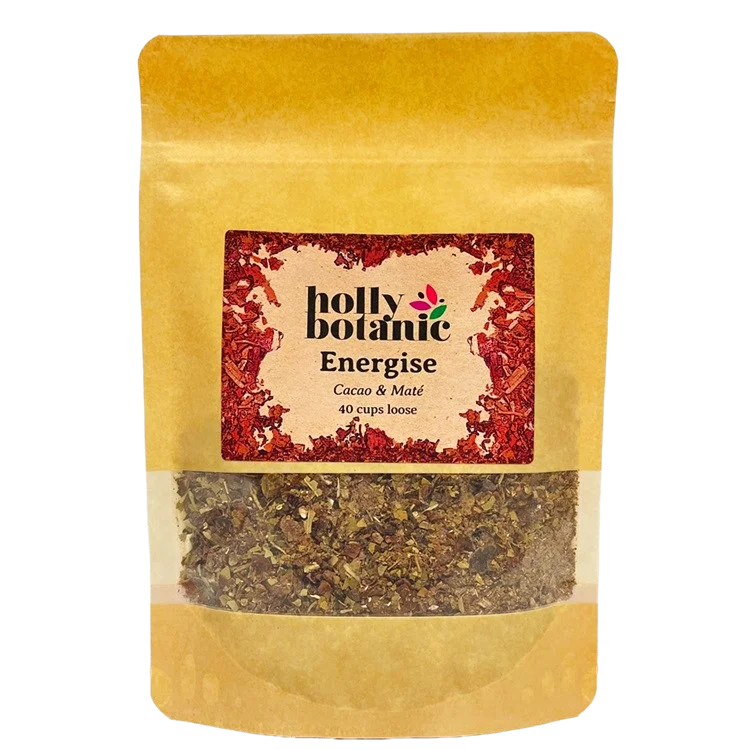 Energise tisane by Holly Botanic, cacao and mate, a coffee-alternative herbal tisane, 40 cup loose. Recyclable packaging.