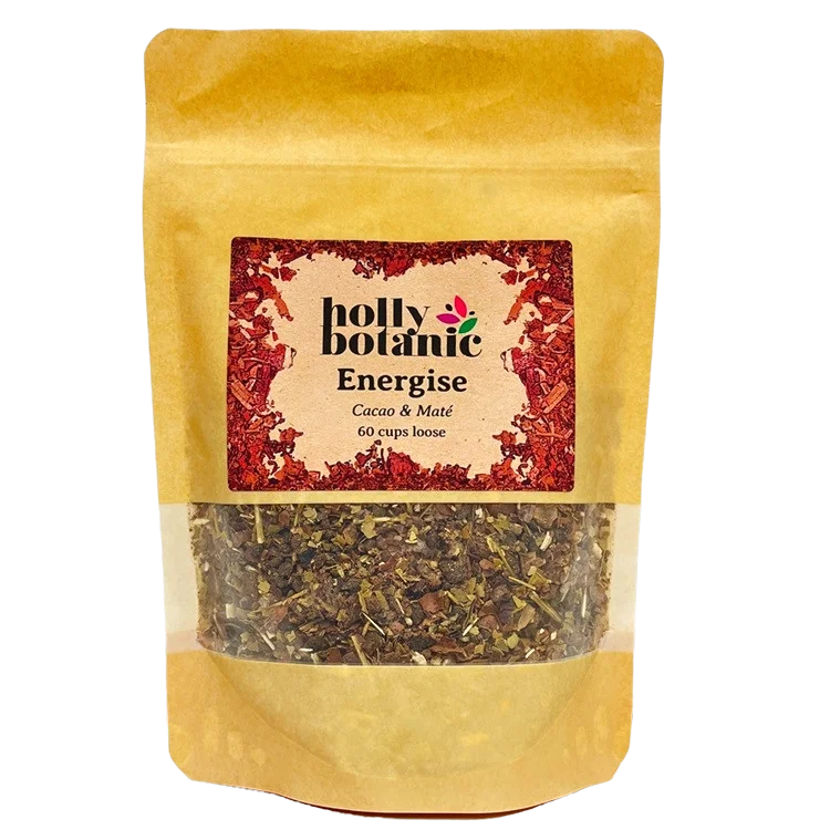 Energise tisane by Holly Botanic, cacao and mate, a coffee-alternative herbal tisane, 60 cup loose. Recyclable packaging.