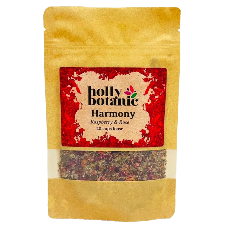 Harmony tisane by Holly Botanic, raspberry and rose for hormonal serenity, 20 cup loose. Recyclable packaging.