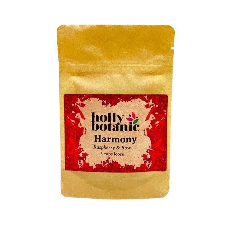 Harmony tisane by Holly Botanic, raspberry and rose for hormonal serenity, 3 cup loose. Recyclable packaging.