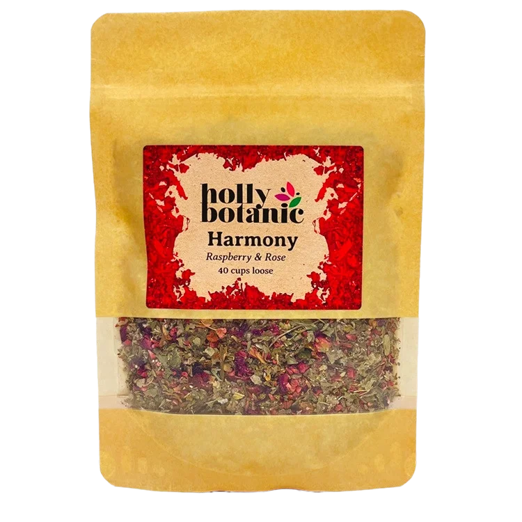 Harmony tisane by Holly Botanic, raspberry and rose for hormonal serenity, 40 cup loose. Recyclable packaging.
