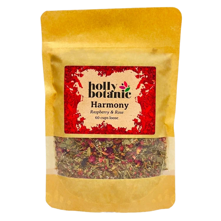 Harmony tisane by Holly Botanic, raspberry and rose for hormonal serenity, 60 cup loose. Recyclable packaging.