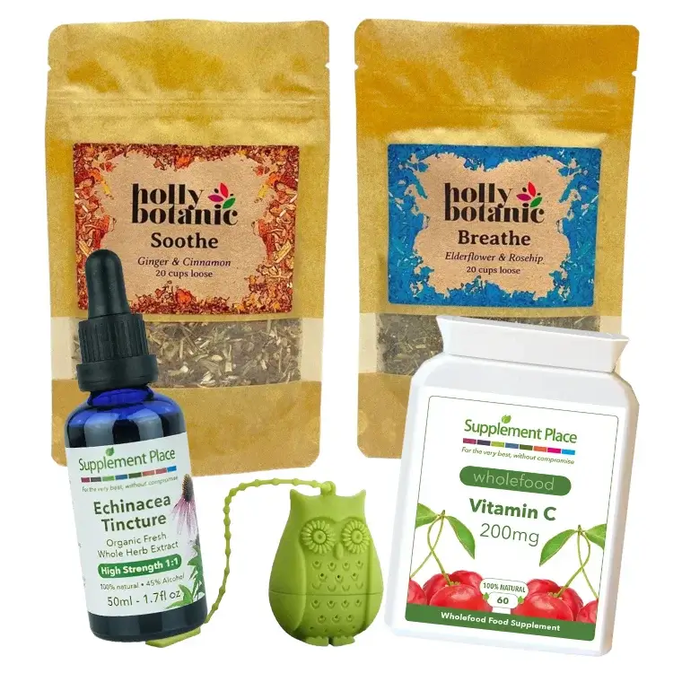 Immune Bundle. Supplements to support the immune system. Soothe tisane, Breathe tisane, echinacea tincture, Vitamin C capsules and free infuser. Save money by buying as a bundle.