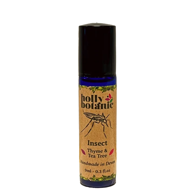 Insect pulse point oil by Holly Botanic. Essential oils blended with sunflower oil to repel insects and soothe bites and stings.