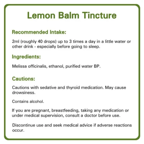 Lemon Balm tincture detailed information. Recommended intake, ingredients and cautions.