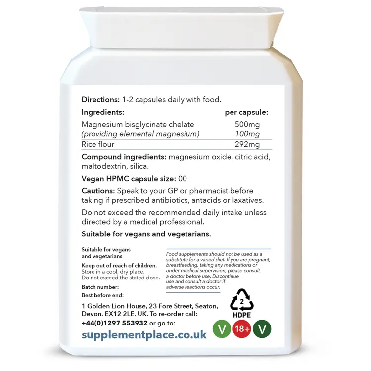Magnesium Bisglycinate supplied in 500mg capsules providing 100mg of elemental magnesium. Chelated and buffered. Rear label.