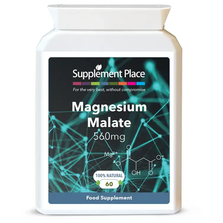 Magnesium Malate supplied in 560mg capsules providing 84mg of elemental Magnesium. Chelated. Front Label.