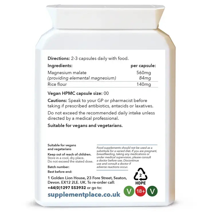 Magnesium Malate supplied in 560mg capsules providing 84mg of elemental Magnesium. Chelated. Rear Label.
