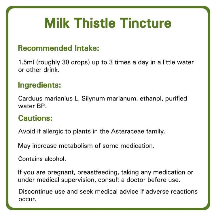 Milk Thistle tincture detailed information. Recommended intake, ingredients and cautions.