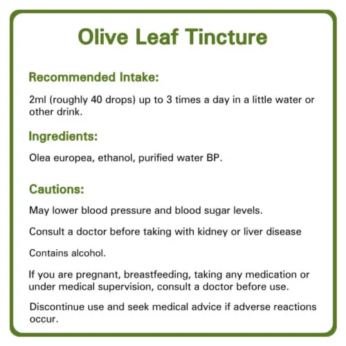 Olive Leaf tincture detailed information. Recommended intake, ingredients and cautions.