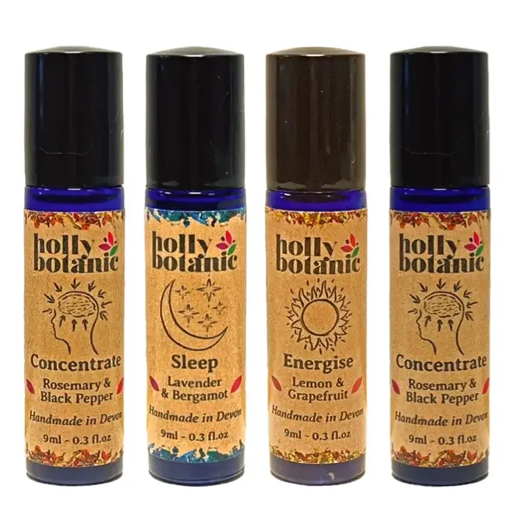 Roll-On Oils Gift Set, Holly Botanic. Sleep, energise, concentrate and insect pulse point oils. Essential oils blended with sunflower oil.