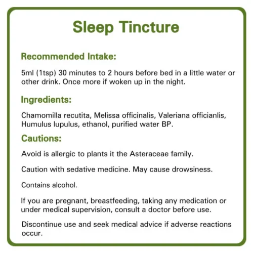 Sleep tincture detailed information. Recommended intake, ingredients and cautions.
