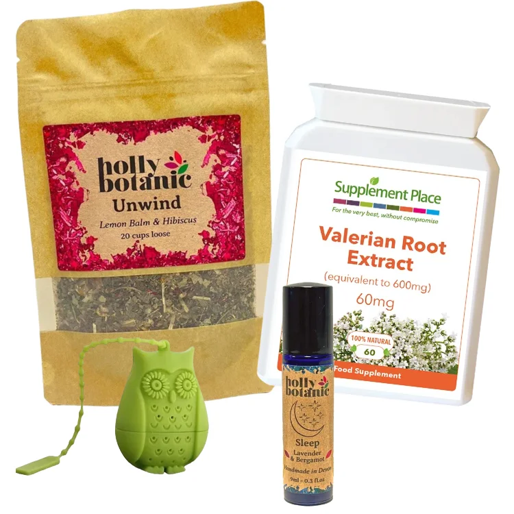 Sleep Well Bundle. Sleep supplements. Valerian capsules, Unwind tisane, sleep pulse point oil and free infuser. Save money by buying as a bundle. Option 1.