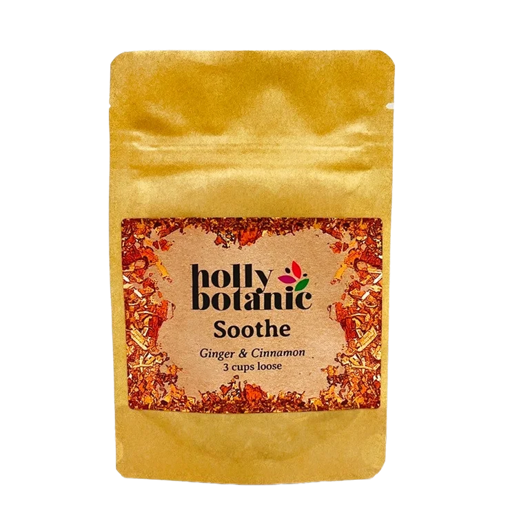 Soothe tisane by Holly Botanic, ginger and cinnamon to soothe sore throats, 3 cup loose. Recyclable packaging.