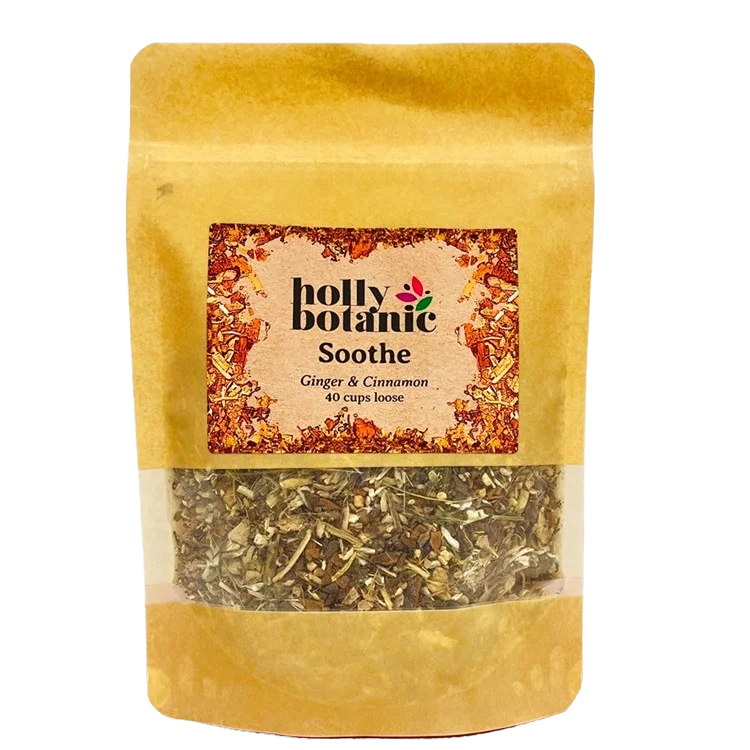 Soothe tisane by Holly Botanic, ginger and cinnamon to soothe sore throats, 40 cup loose. Recyclable packaging.