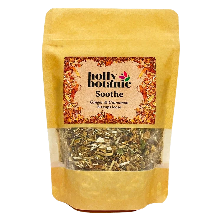 Soothe tisane by Holly Botanic, ginger and cinnamon to soothe sore throats, 60 cup loose. Recyclable packaging.