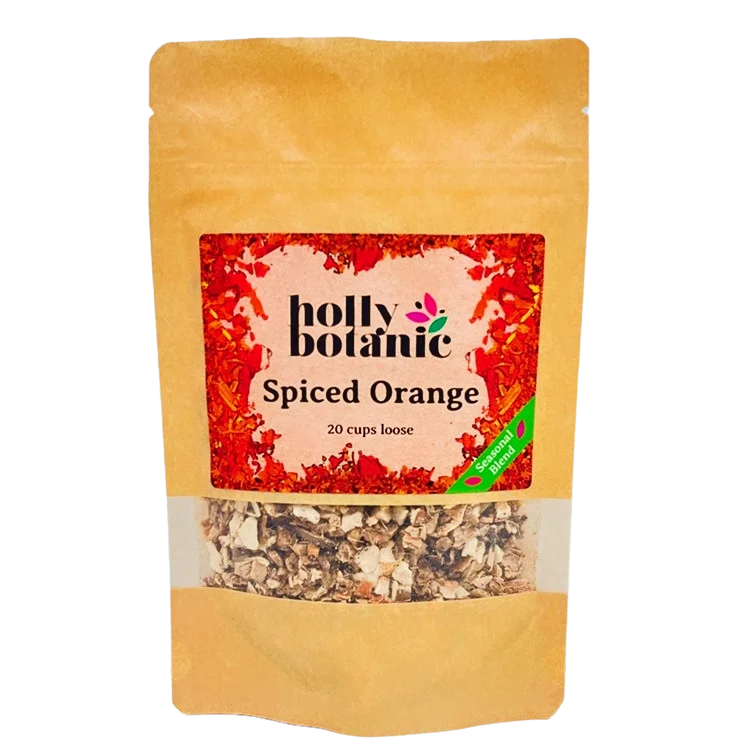 Spiced Orange tisane by Holly Botanic, a seasonal addition tisane, 20 cup loose. Recyclable packaging.