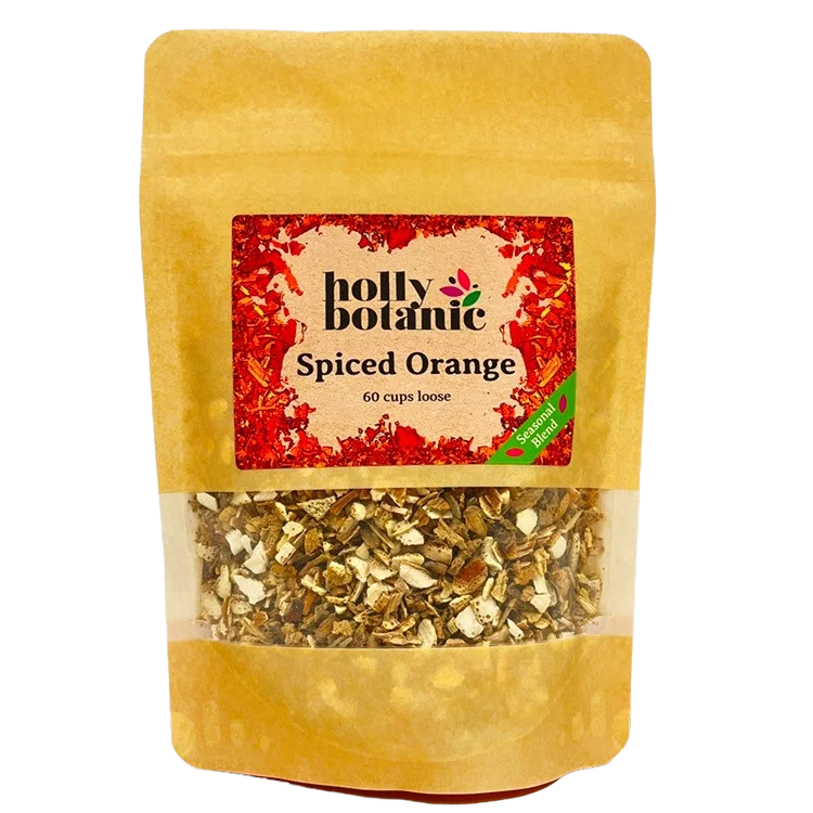 Spiced Orange tisane by Holly Botanic, a seasonal addition tisane, 60 cup loose. Recyclable packaging.