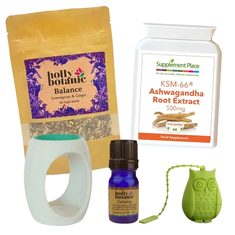 Stress Less Bundle. Supplements for stress. Ashwagandha capsules, Balance tisane, Calming essential oil blend, oil burner, free infuser. Save money by buying as a bundle.