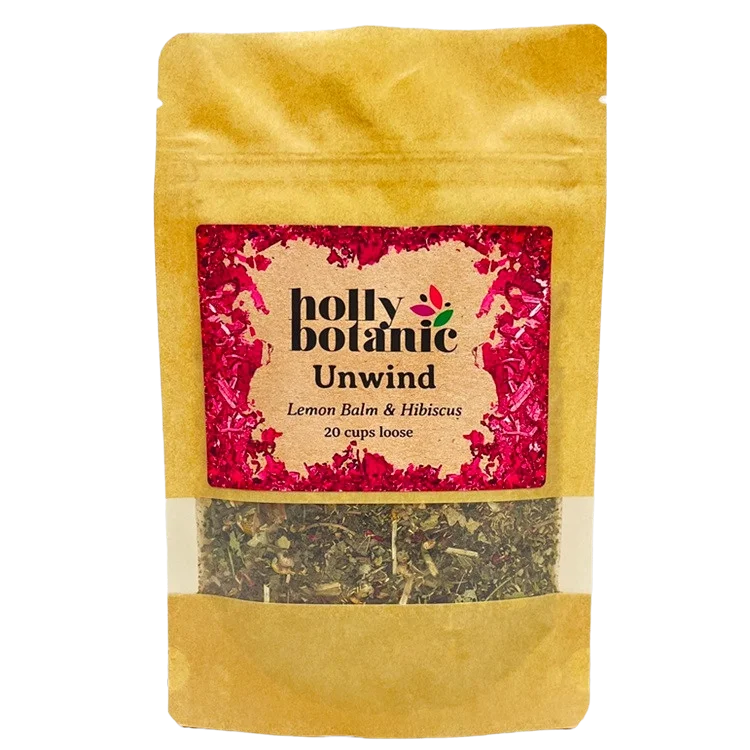 Unwind tisane by Holly Botanic, lemon balm and hibiscus to relax and calm, 20 cup loose. Recyclable packaging.