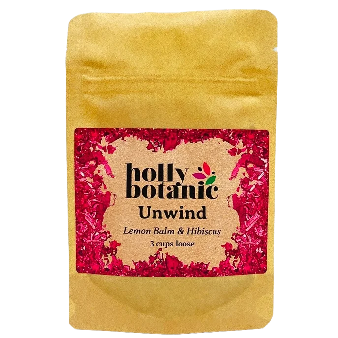 Unwind tisane by Holly Botanic, lemon balm and hibiscus to relax and calm, 3 cup loose. Recyclable packaging.