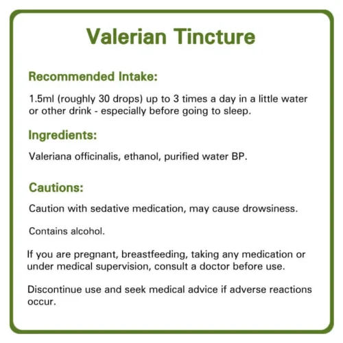 Valerian tincture detailed information. Recommended intake, ingredients and cautions.