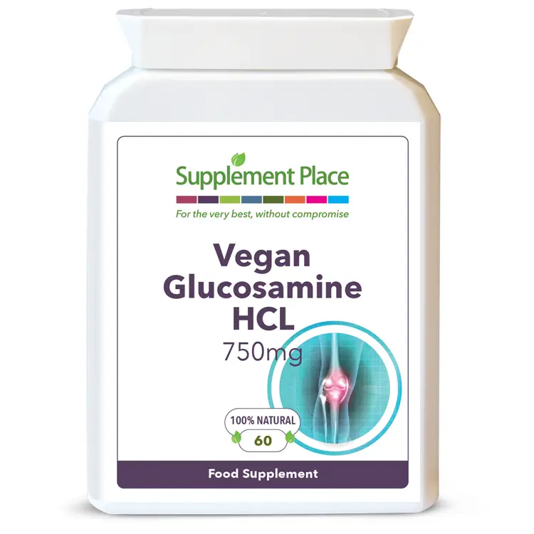 Vegan Glucosamine Hydrochloride supplied in 750mg capsules sourced from fermented corn. Front label.
